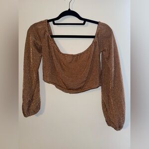 Lovers + Friends Gold Sparkly Long Sleeve Cropped Top Size Small